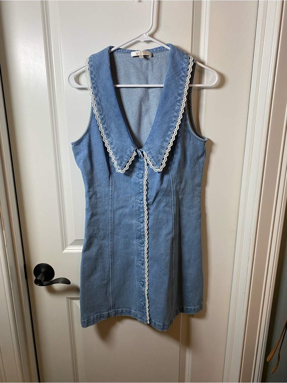 WAYM Light Blue Denim Dress with Lace Trim Peter Pan Neckline